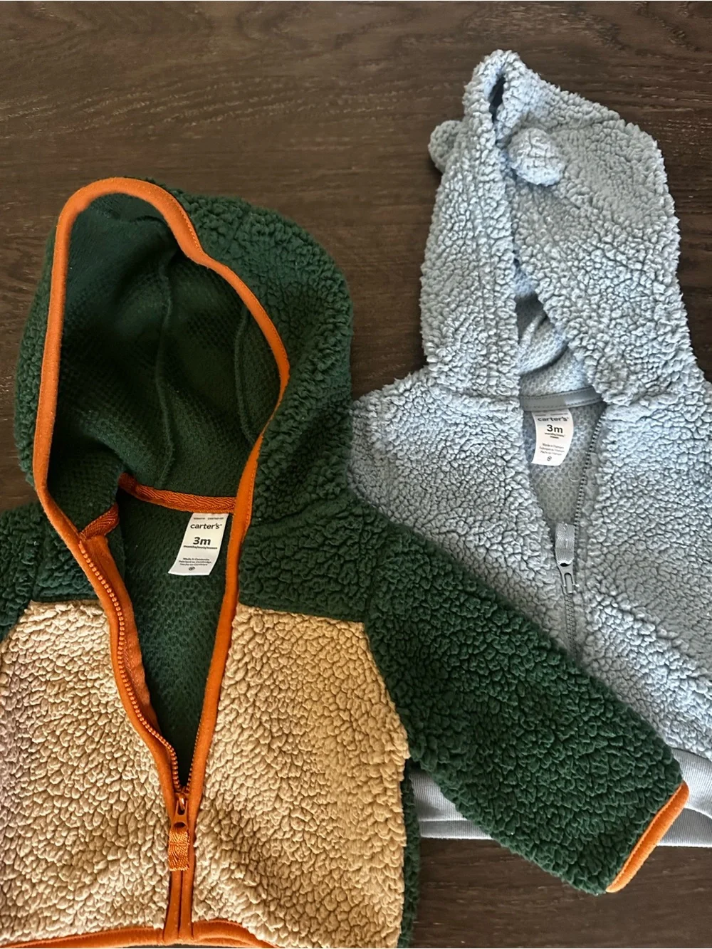 Carter's Green & Cream Sherpa Hoodie with Orange Trim + Light Blue Sherpa Hoodie